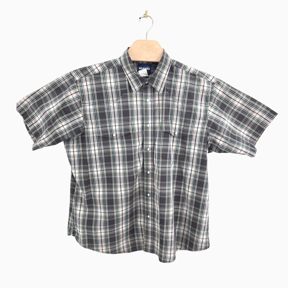 Wrangler Western Pearl Snap Shirt Size XXL Plaid Cotton Gray Cowboy Retro Casual